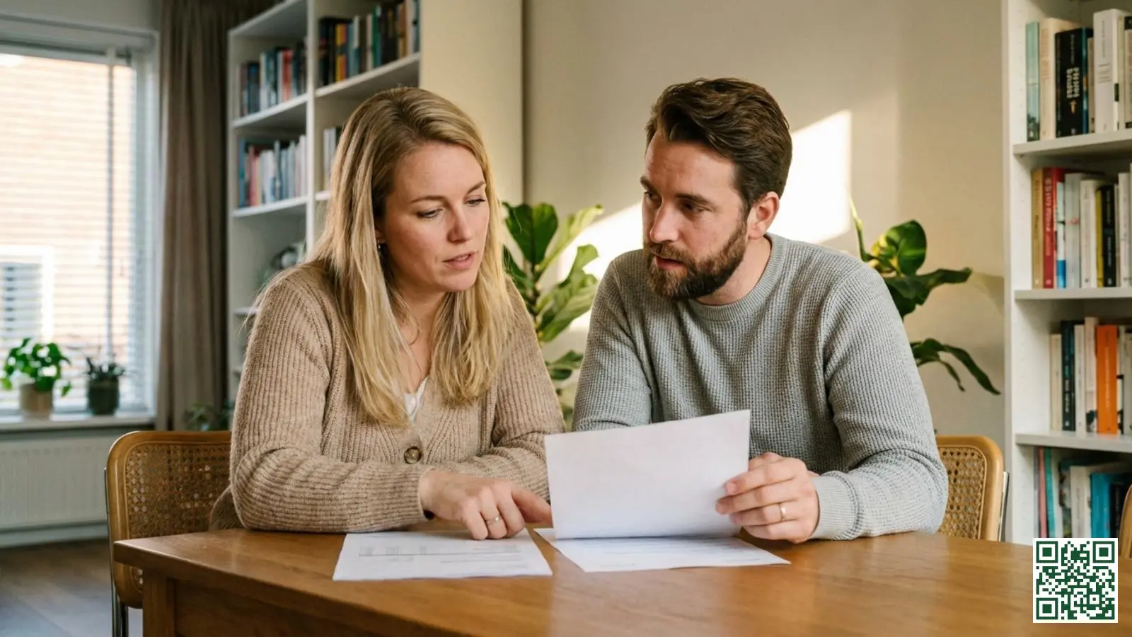 Nederlands koppel bespreekt samen de definitieve keuze voor hun dakisolatie offerte aan de eettafel