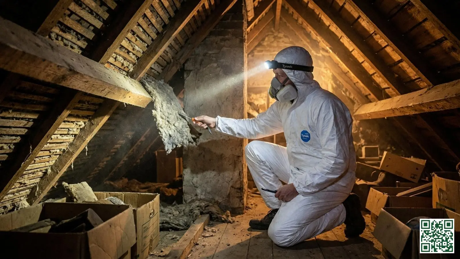 Bouwinspecteur onderzoekt oude Nederlandse dakconstructie op aanwezigheid van asbesthoudende materialen met beschermende uitrusting