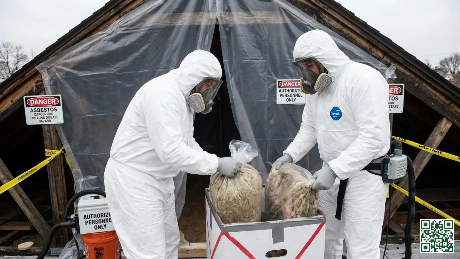 Professionele asbestverwijderaars in witte beschermende pakken en ademhalingsmaskers tijdens veilige verwijdering van asbest uit dakconstructie