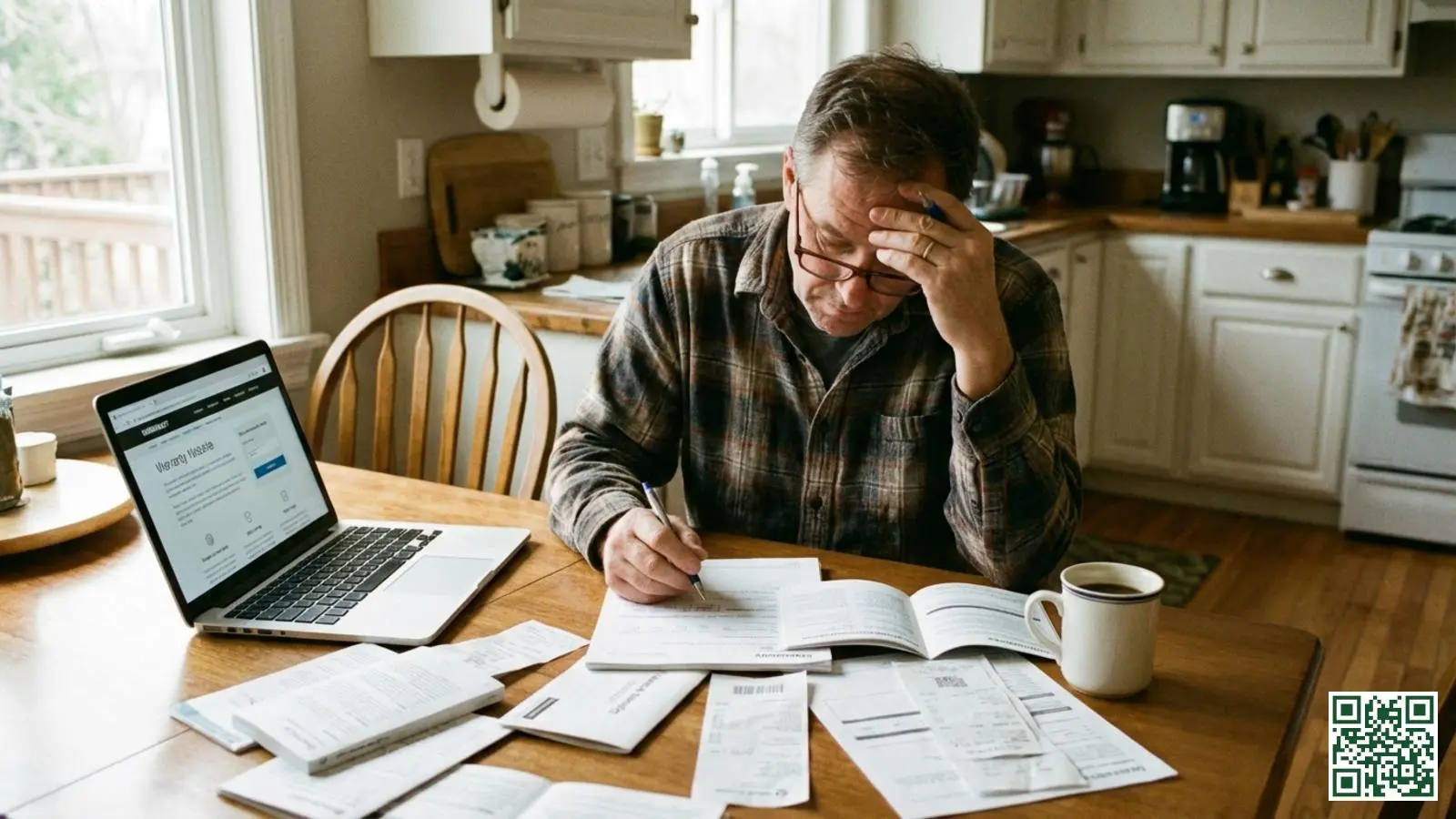Huiseigenaar verzamelt documenten en bereidt een garantieclaim voor dakisolatie voor aan keukentafel