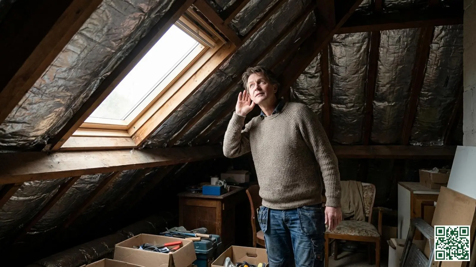 Huiseigenaar luistert naar onverwachte geluiden op een geïsoleerde zolder in een Nederlandse woning