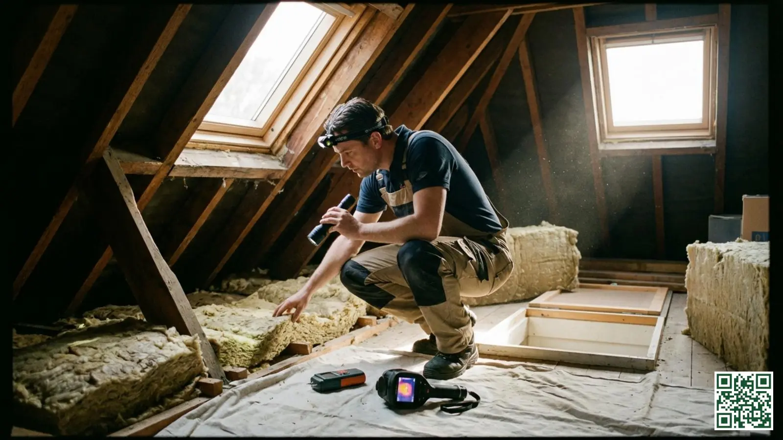 Professionele inspecteur onderzoekt dakisolatie met zaklamp in een Nederlandse zolderruimte