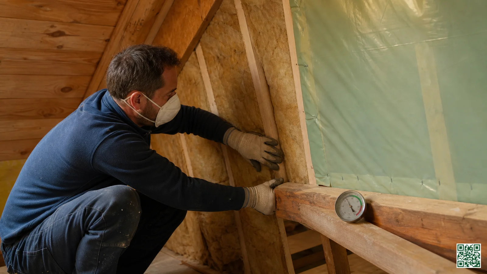 Installateur met mondkapje en handschoenen brengt minerale wol aan tussen dakspanten, met dampscherm en hygrometer zichtbaar op zolder
