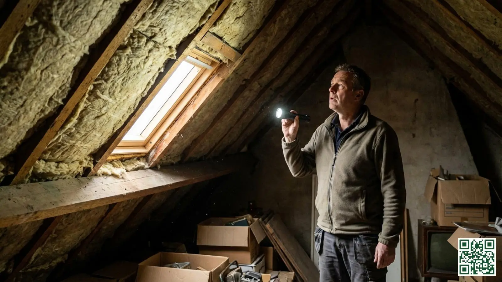 Nederlandse huiseigenaar inspecteert met zaklamp mogelijke problemen in de dakisolatie op zolder