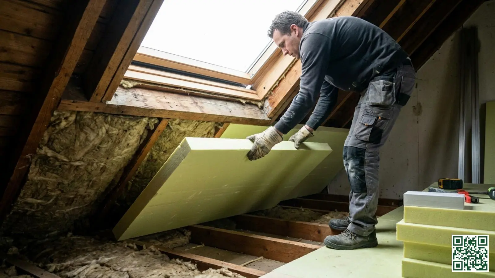 Vakman brengt extra laag PIR isolatieplaten aan over bestaande dakisolatie voor betere warmteweerstand