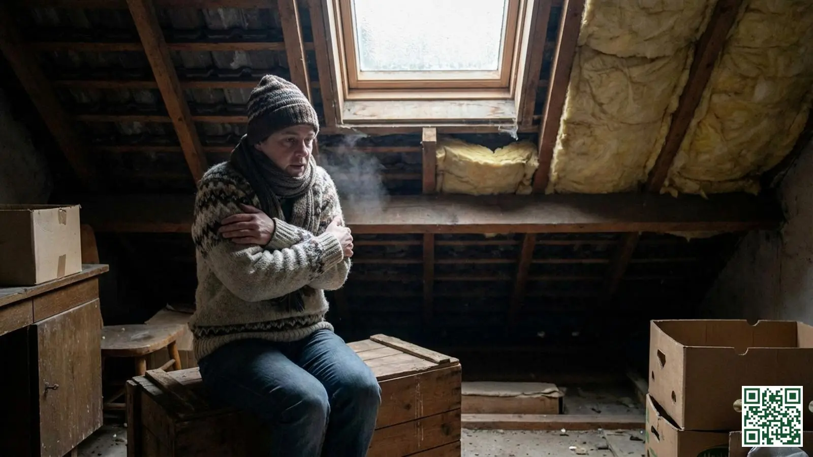 Huiseigenaar in warme kleding voelt kou op zolder ondanks aanwezige dakisolatie tussen de balken