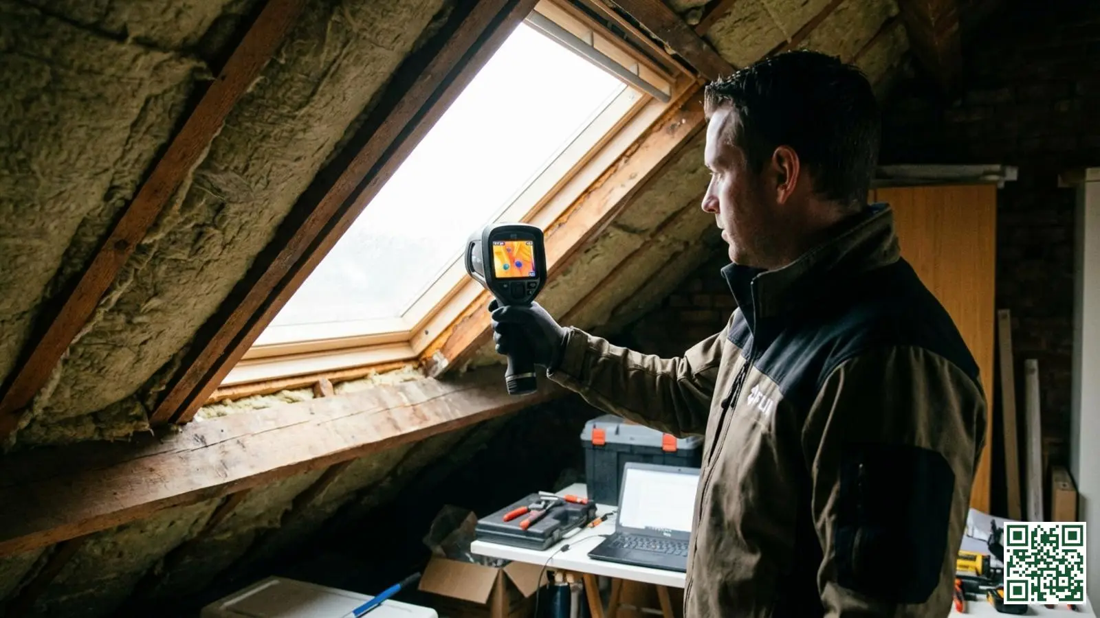 Inspecteur gebruikt warmtebeeldcamera om koudebruggen en warmtelekken in dakisolatie op te sporen
