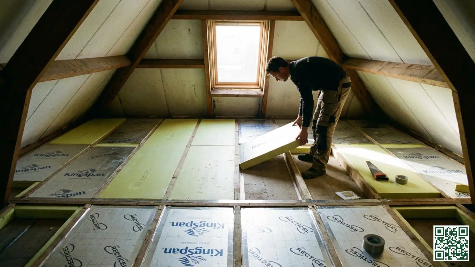 PIR isolatieplaten worden geplaatst op een zoldervloer als alternatief voor dakisolatie
