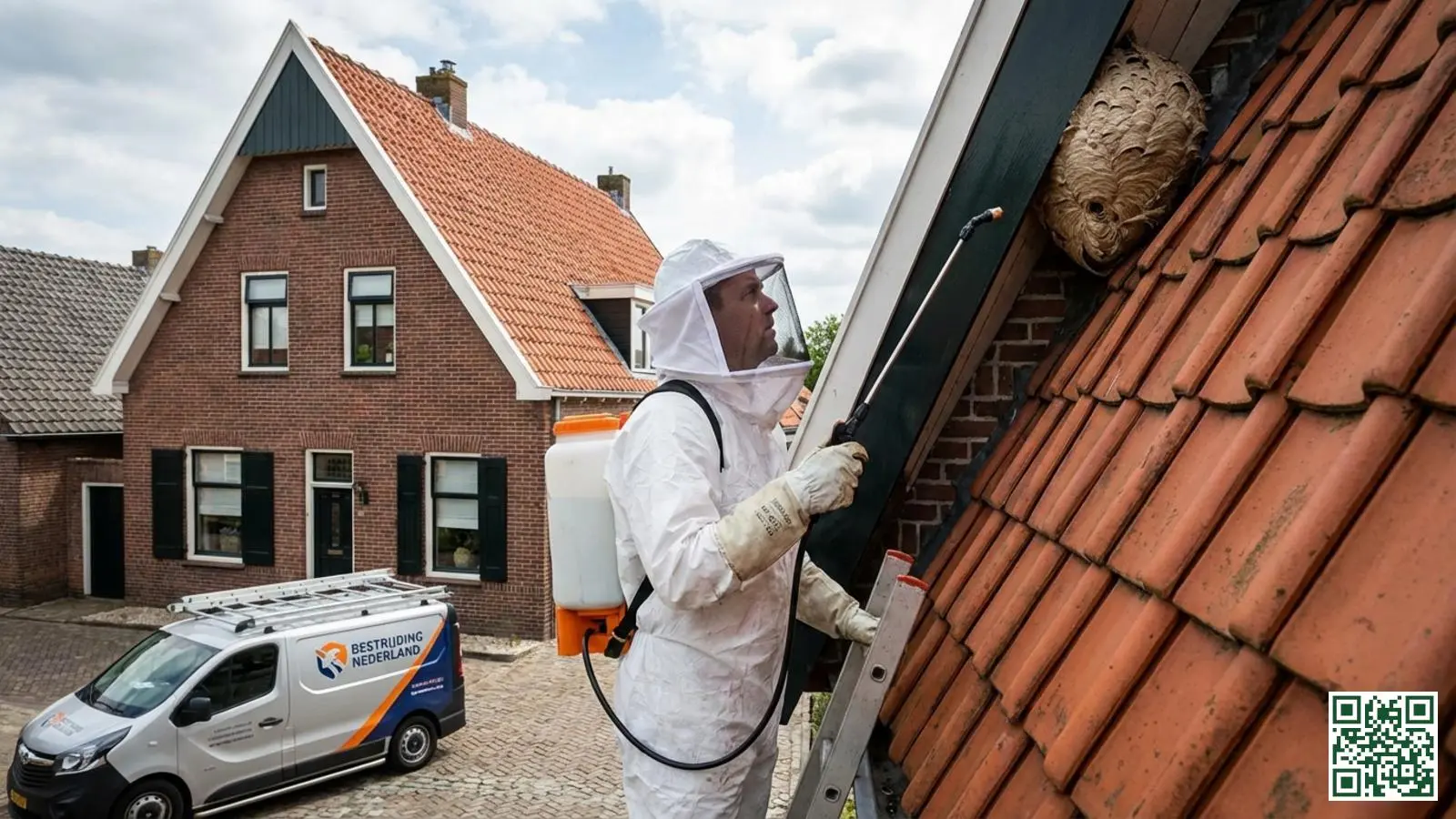 Professionele ongediertebestrijder in wit beschermend pak met gezichtsbescherming bij een Nederlands woonhuis