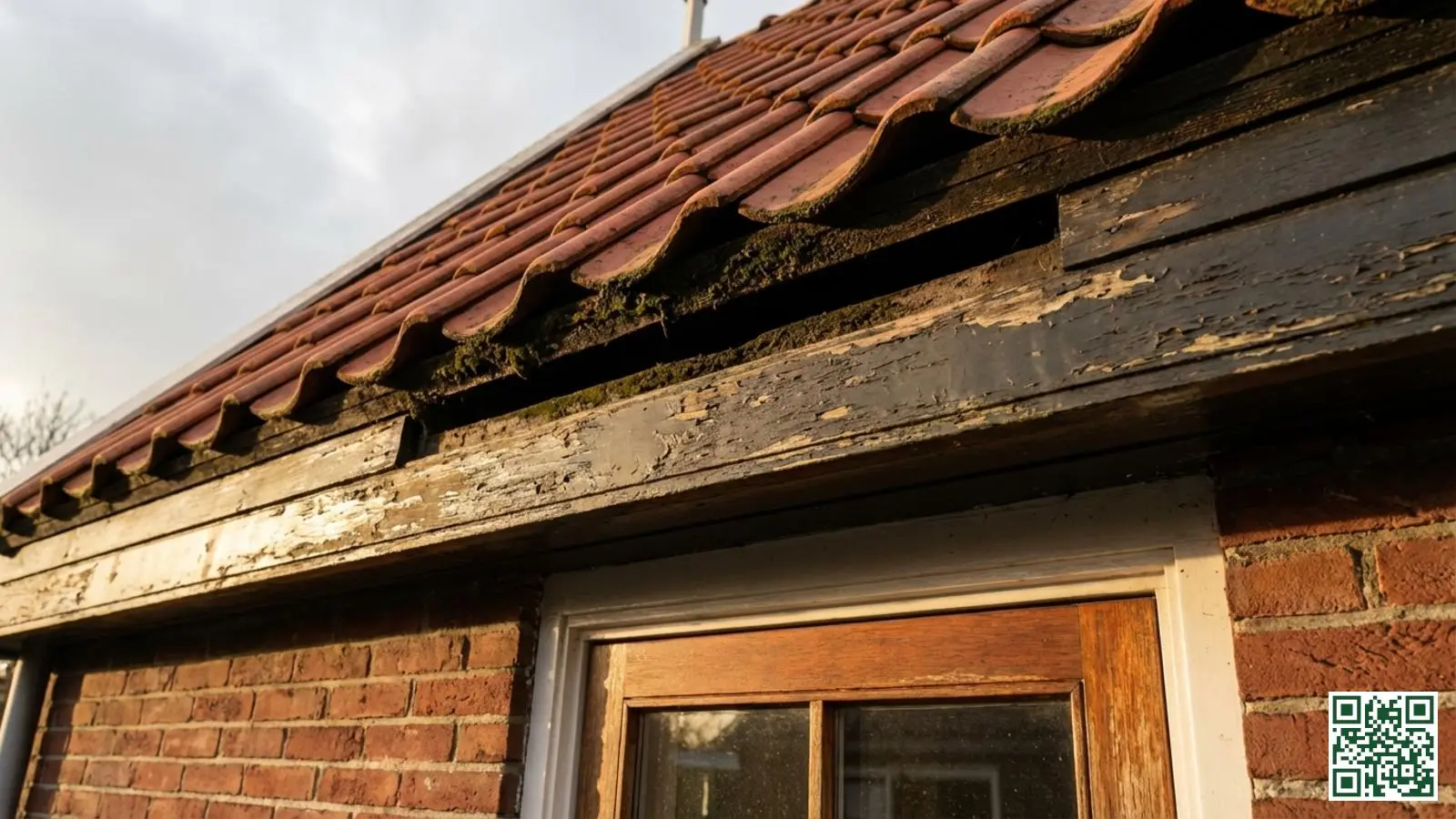 Kier tussen dakpannen en windveer bij een Nederlandse woning waar insecten naar binnen kunnen komen