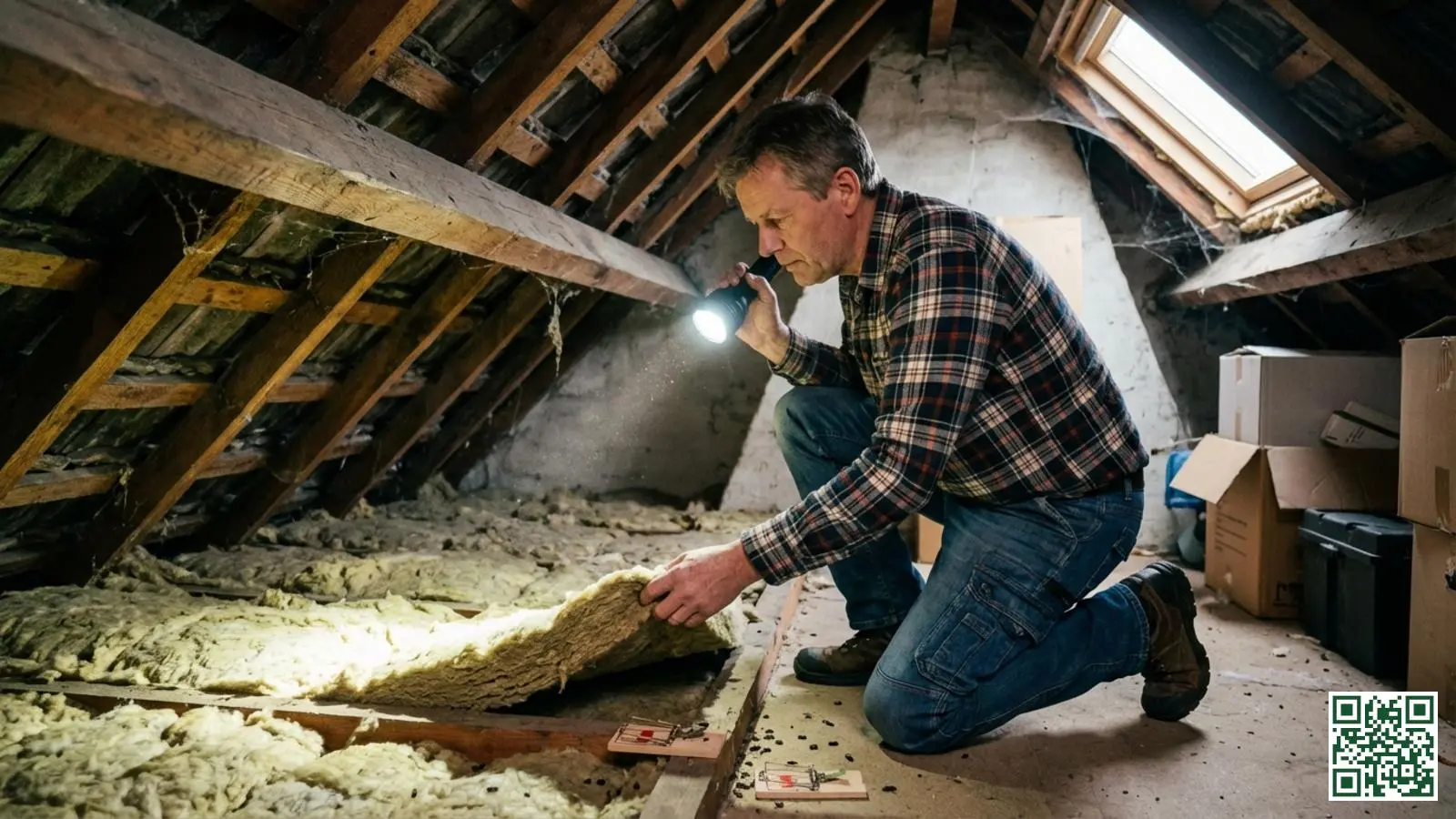 Huiseigenaar inspecteert de zolder en dakisolatie op tekenen van ongedierte met een zaklamp