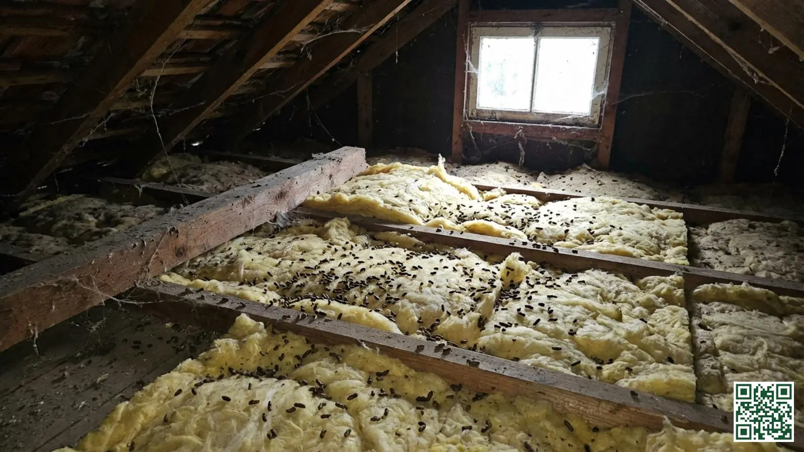 Muizenkeutels en vraatsporen zichtbaar op minerale wol dakisolatie tussen houten balken op een Nederlandse zolder