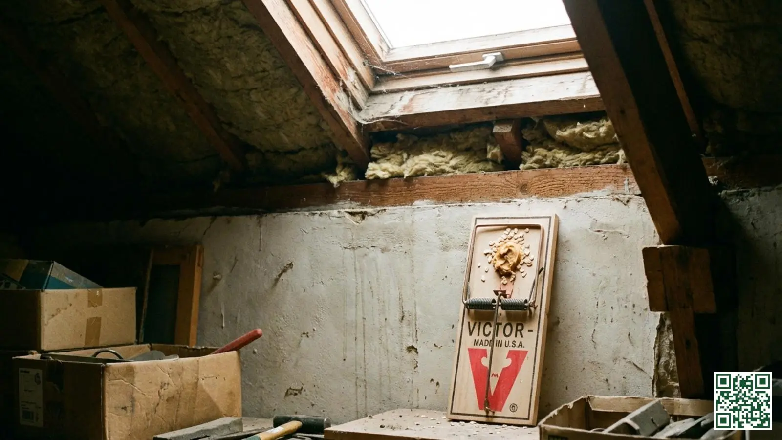Houten klapval voor muizen geplaatst langs de muur op een zolder met dakisolatie op de achtergrond