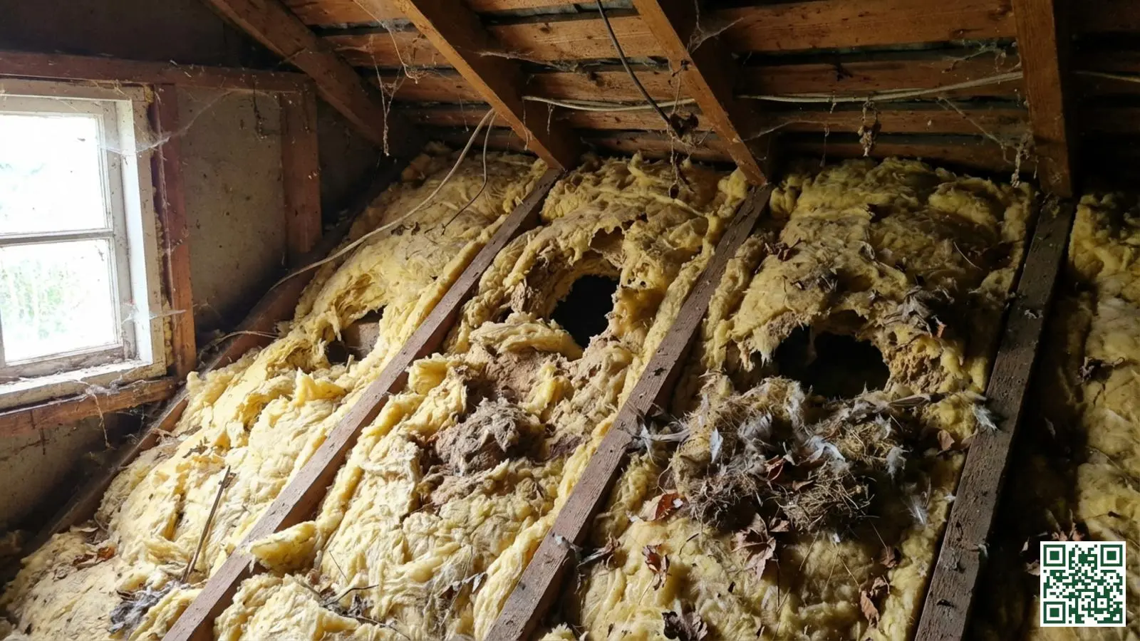Beschadigde glaswol dakisolatie met holtes en nestmateriaal veroorzaakt door een steenmarter op zolder