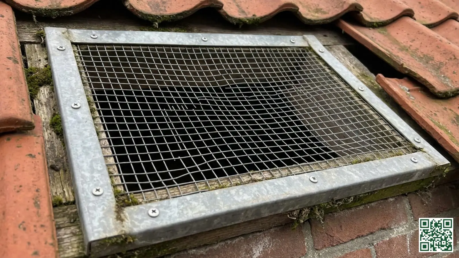 Stevig gegalvaniseerd gaas over een ventilatieopening onder het dak ter bescherming tegen steenmarters