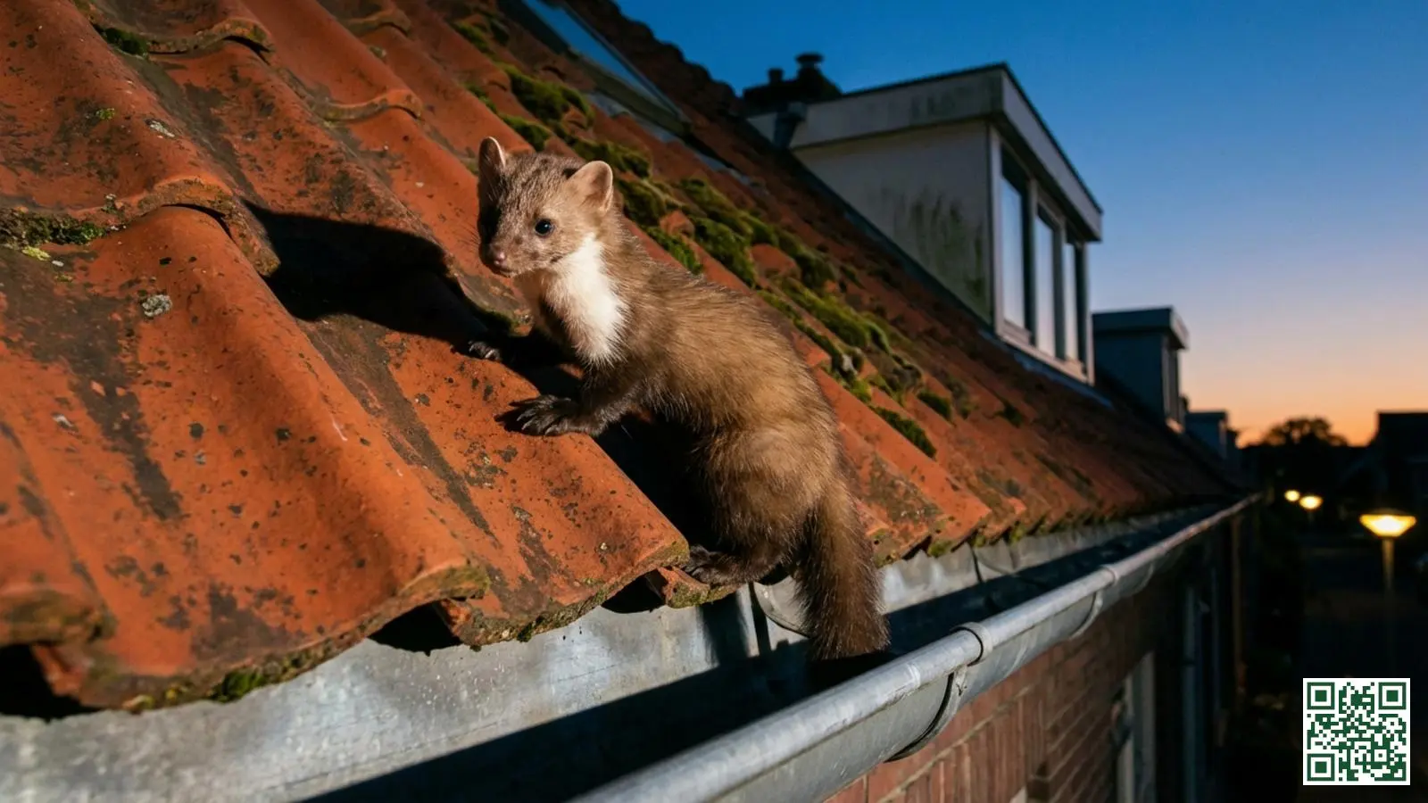 Steenmarter met witte keelvlek klimt op het dak van een Nederlandse woning tijdens de schemering
