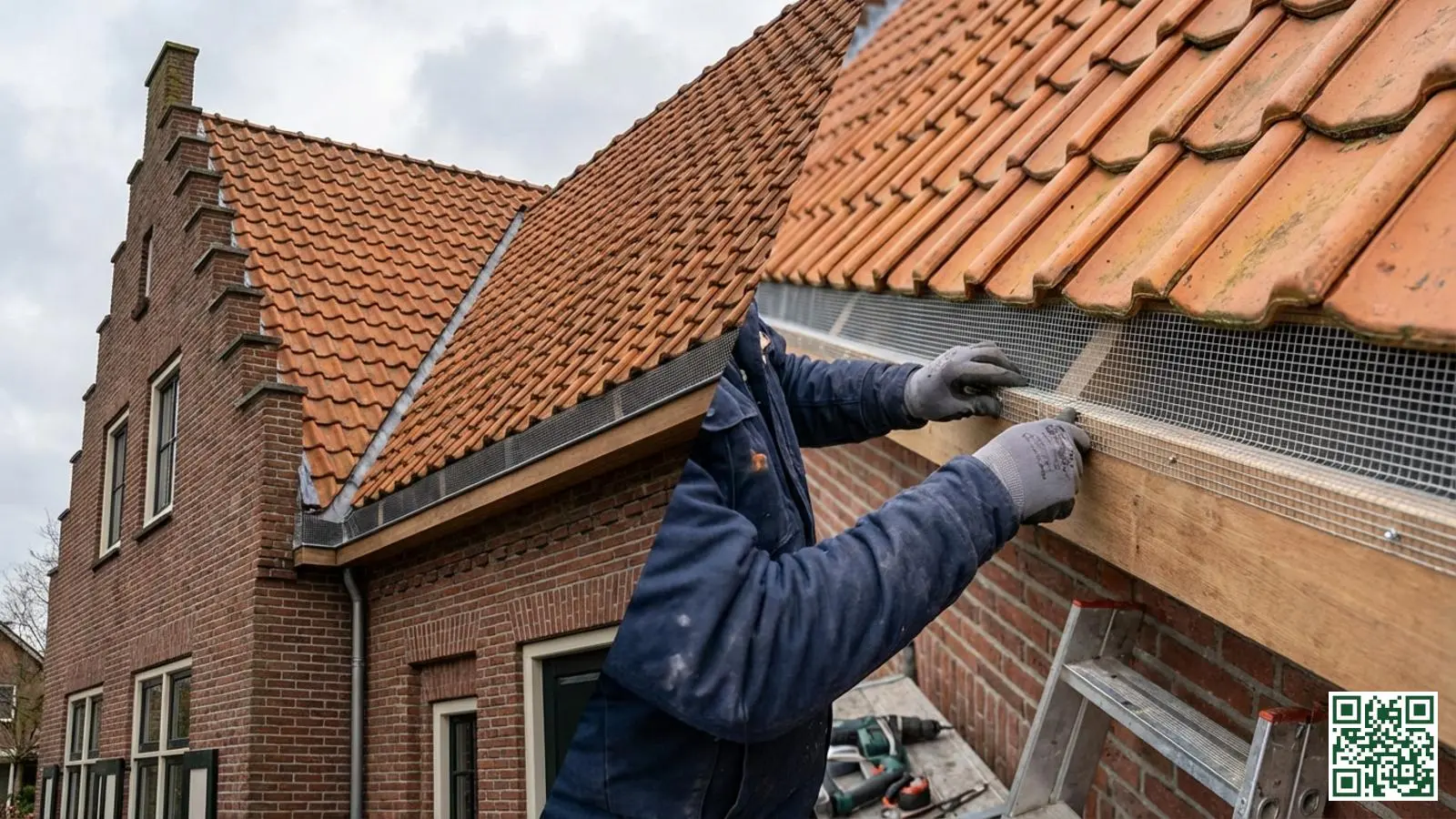 Professionele installatie van ongedierte-werende roosters bij de dakrand van een Nederlandse woning