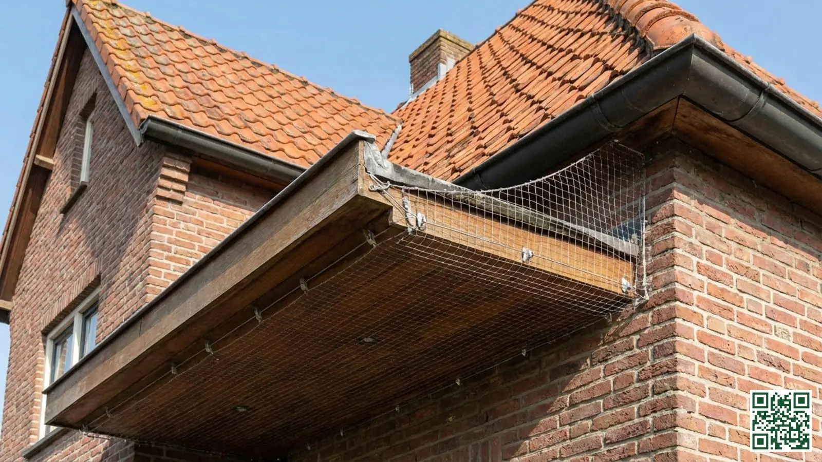 Vogelwerend net geïnstalleerd onder de dakrand om vogels te weren van nestplaatsen