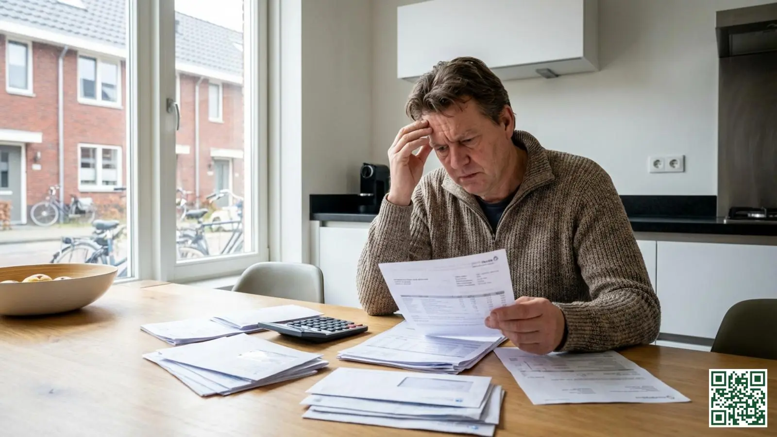 Huiseigenaar zit aan keukentafel en bekijkt energierekeningen met bezorgde blik na dakisolatie