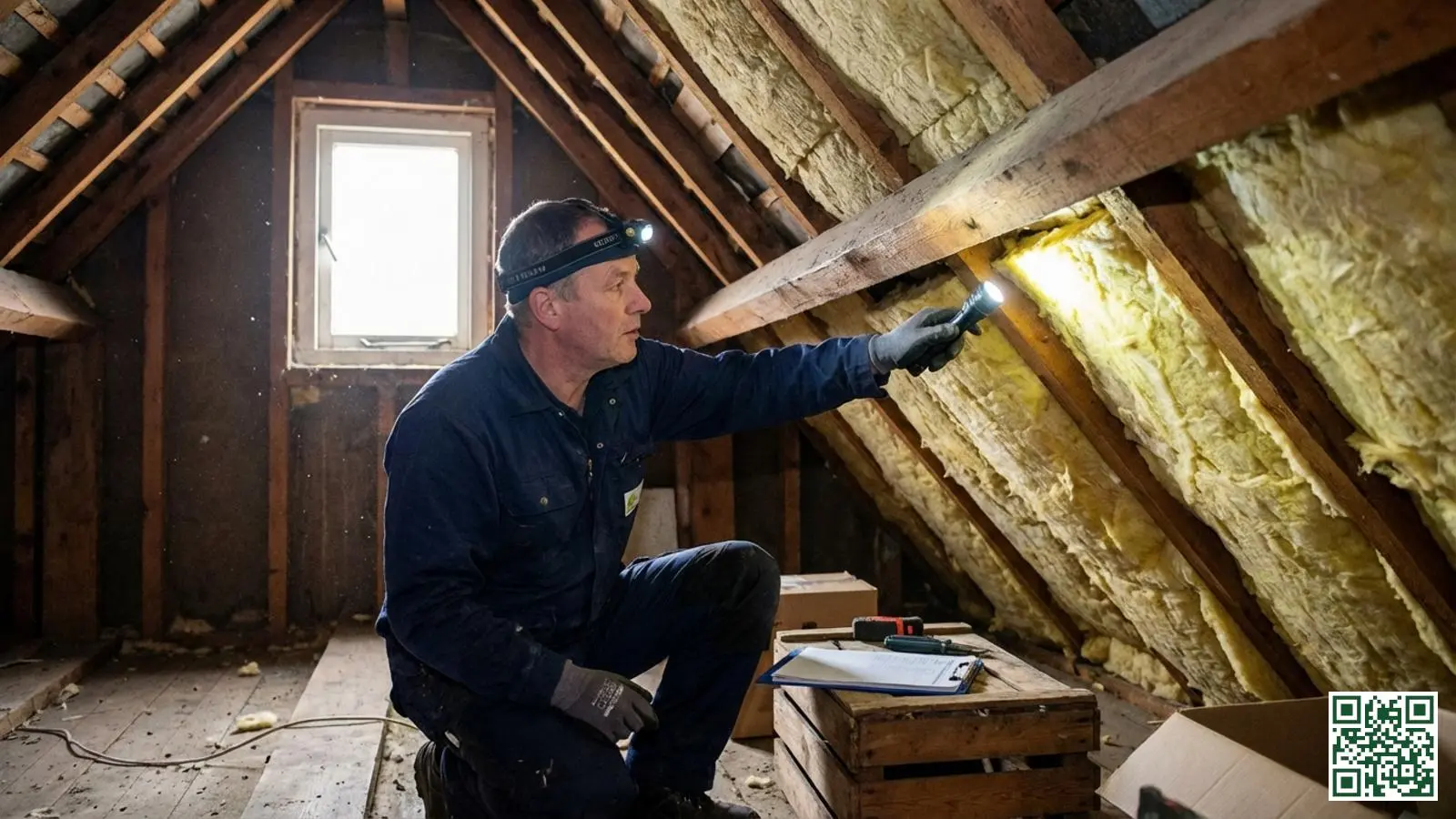 Professionele vakman inspecteert de kwaliteit van dakisolatie tussen de balken op een Nederlandse zolder