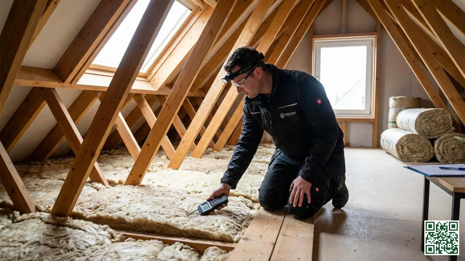 Professionele inspecteur controleert de kwaliteit van dakisolatie met een vochtmeter in Nederlandse zolderruimte