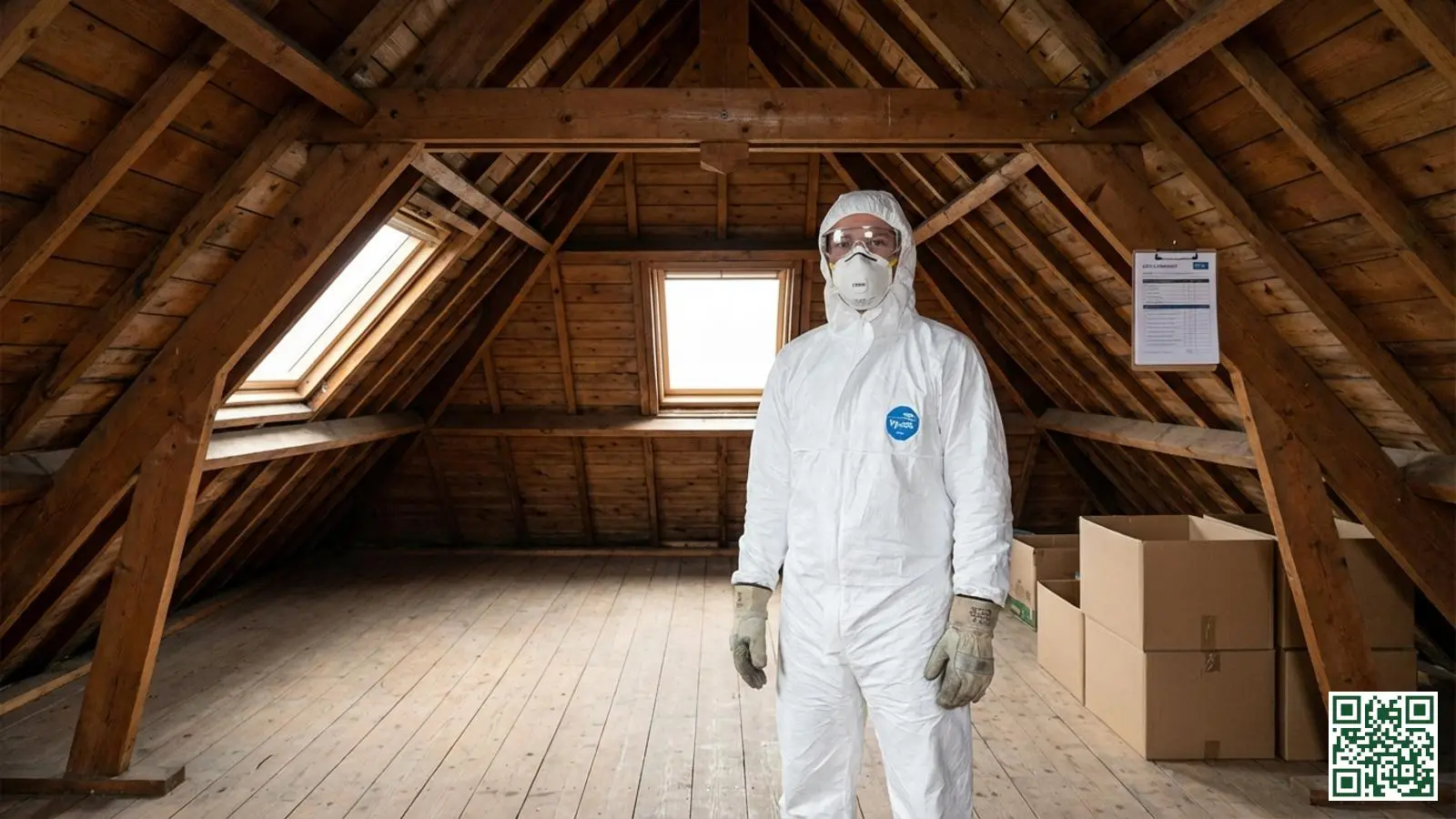 Persoon draagt volledige beschermende kleding inclusief overall en stofmasker bij isolatieverwijdering