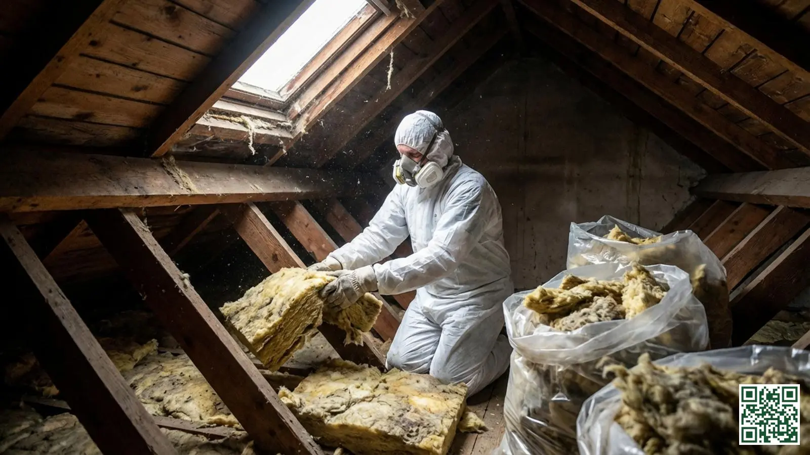 Vakman verwijdert oude minerale wol isolatie van tussen de dakbalken op een Nederlandse zolder