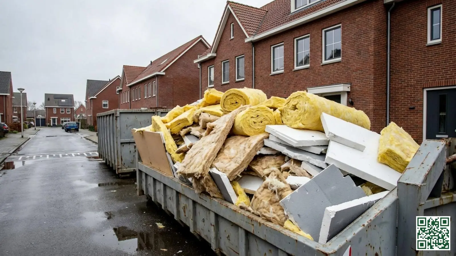 Bouwcontainer gevuld met verwijderde dakisolatiematerialen voor afvoer bij Nederlandse woning