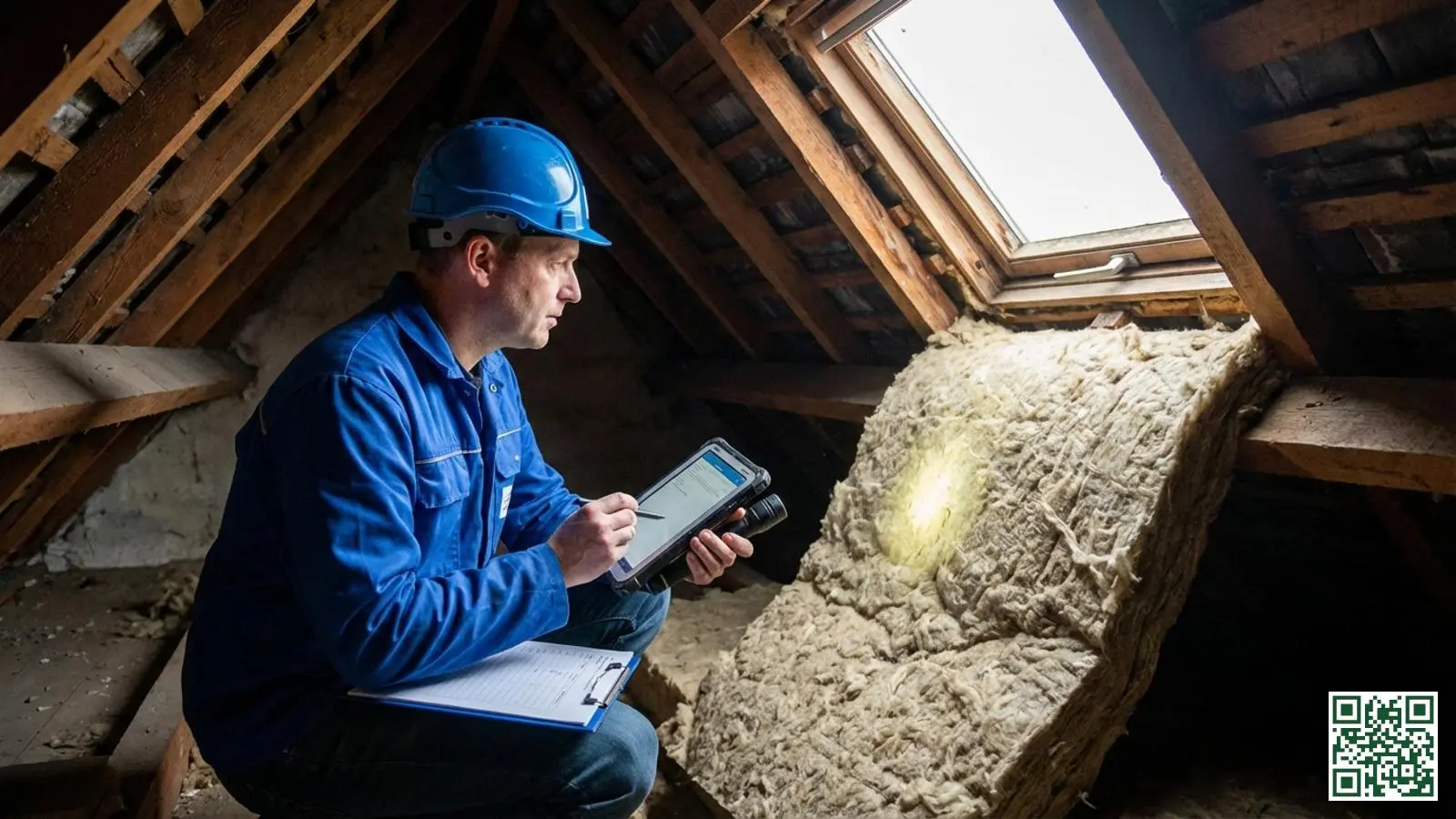 Schade-expert met klembord inspecteert minerale wol dakisolatie in een Nederlandse zolderruimte