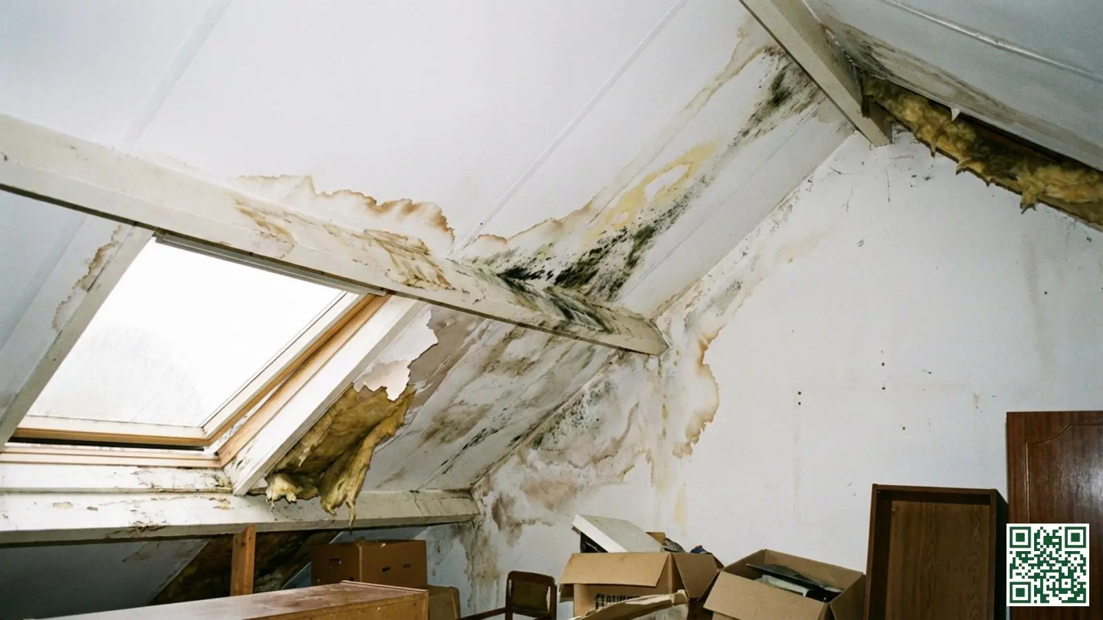 Vochtplekken en verkleuring op het plafond van een zolder als gevolg van condensatieproblemen
