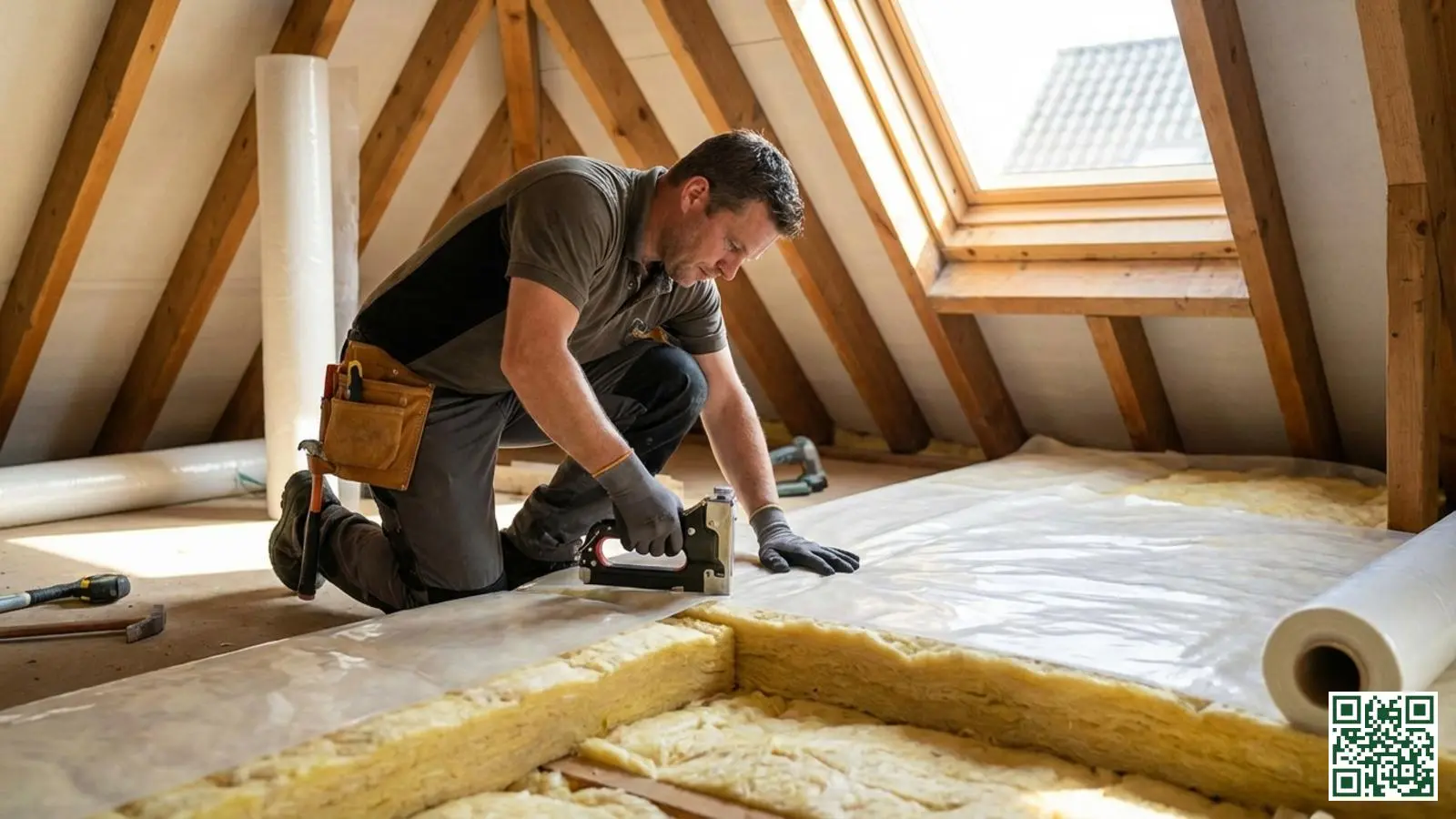 Vakman brengt een dampscherm aan over dakisolatie als oplossing voor vochtproblemen in een zolderruimte