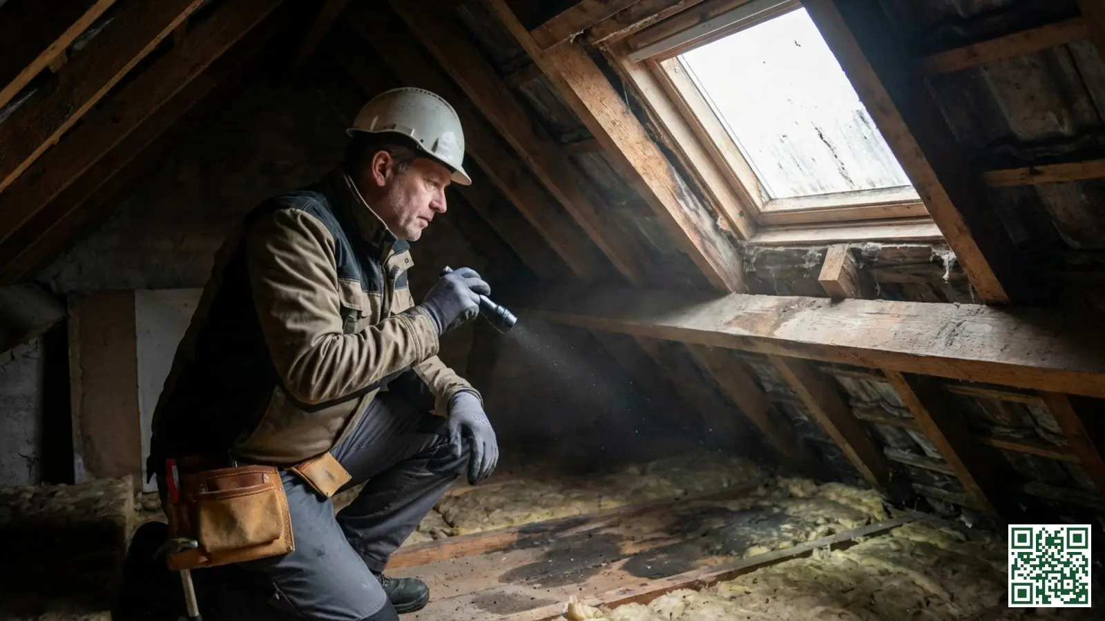 Professionele inspecteur onderzoekt dakconstructie met zaklamp op zoek naar de oorzaak van lekkage