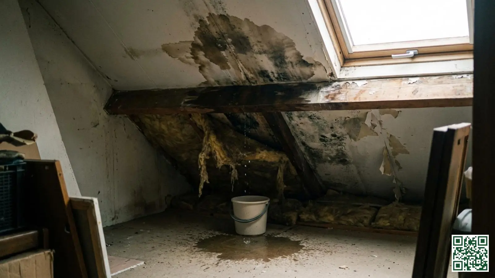 Waterlekkage en vochtschade zichtbaar op zolderplafond met waterdruppels en vlekken na dakisolatie