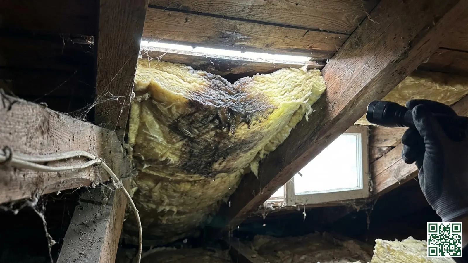 Natte plek en vochtschade zichtbaar op minerale wol dakisolatie tussen houten dakbalken