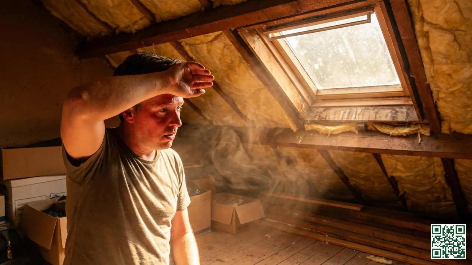 Huiseigenaar in een oververhitte zolderruimte met dakisolatie op een warme zomerdag