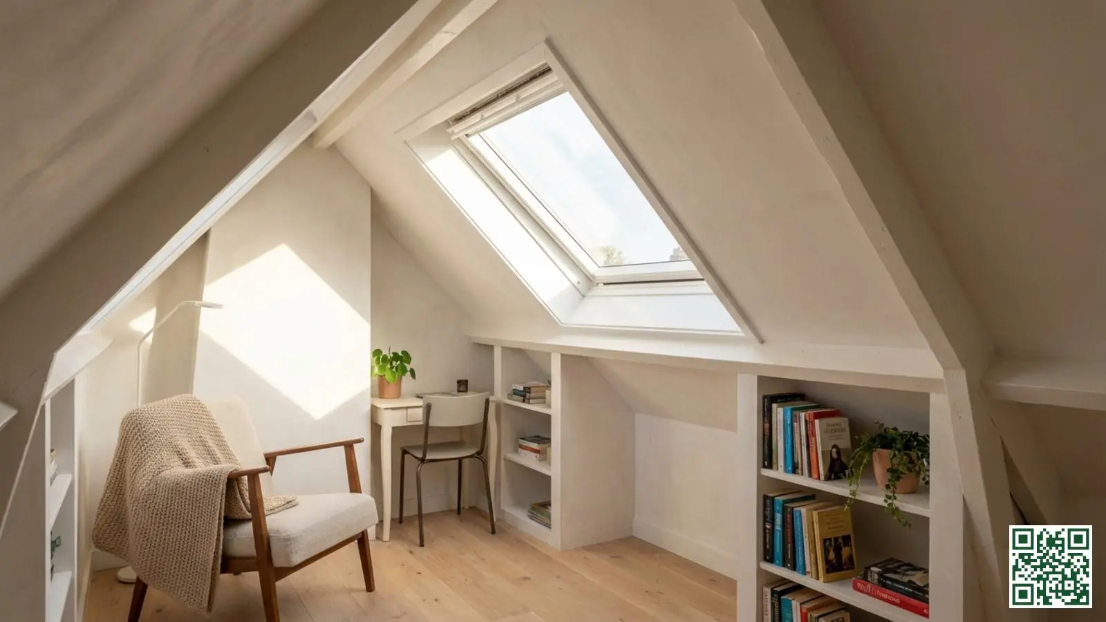 Afgewerkte geïsoleerde zolderruimte met witte gipsplaten plafond en dakraam in Nederlandse woning