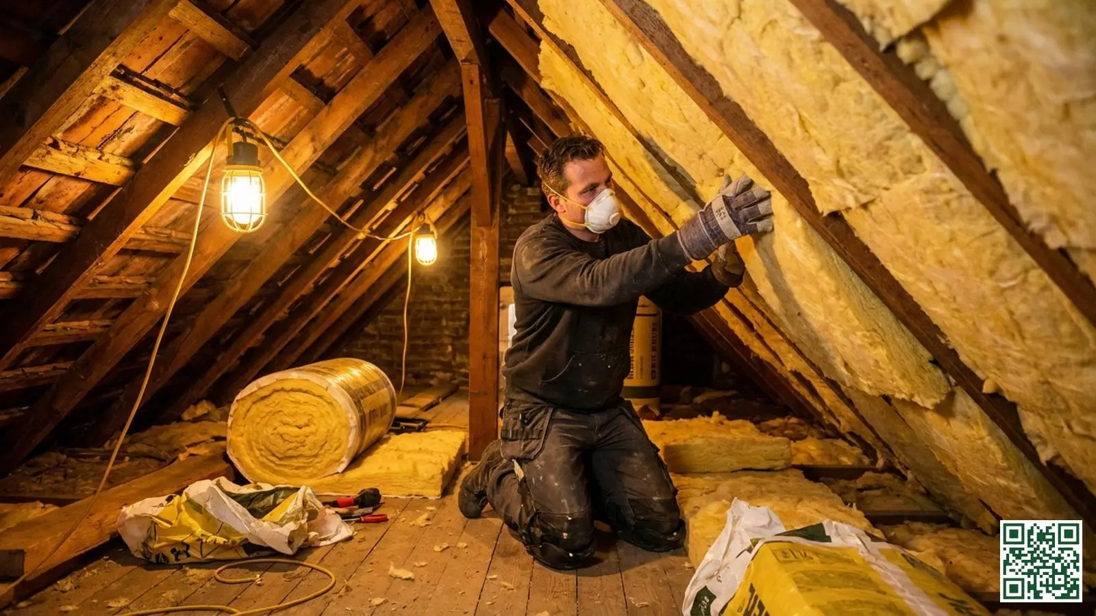 Vakman plaatst minerale wol isolatie tussen de houten dakbalken tijdens binnenisolatie werkzaamheden