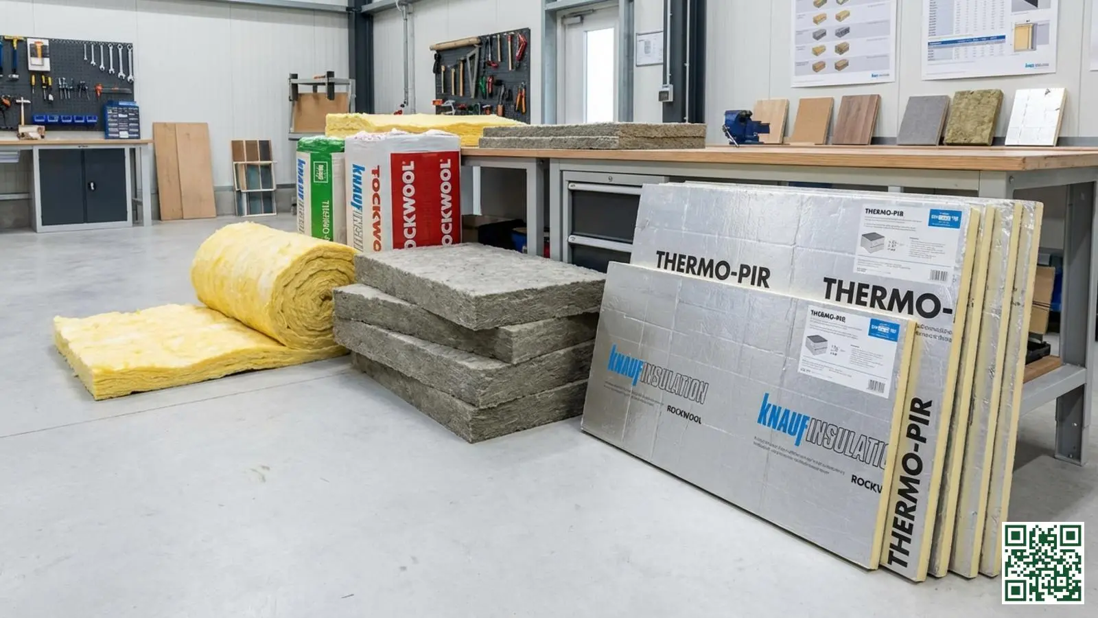 Verschillende isolatiematerialen naast elkaar voor vergelijking: glaswol, steenwol en PIR-platen voor dakisolatie