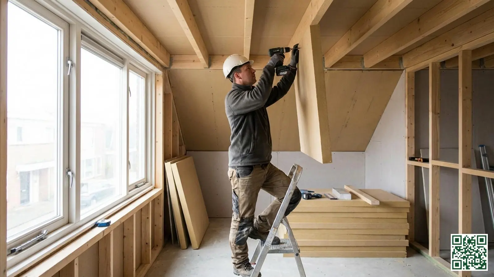 Vakman plaatst isolatieplaten tegen de binnenzijde van een plat dak in Nederlandse woning