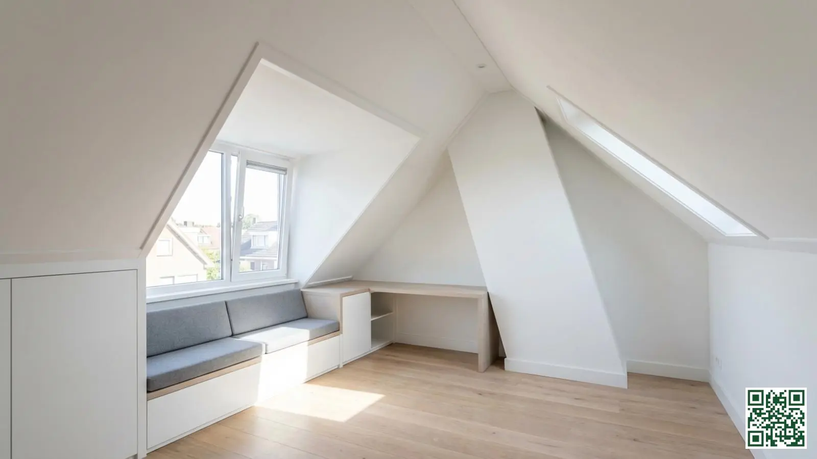 Netjes afgewerkte zolderruimte met witte gipsplaten wandbekleding na professionele dakisolatie installatie