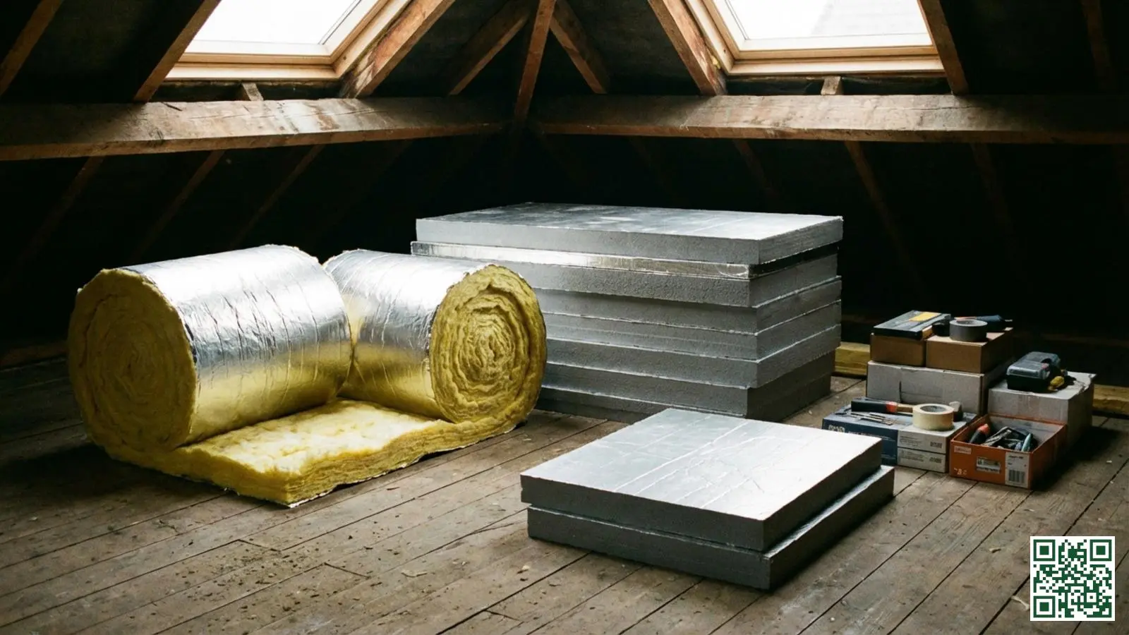 Glaswol rollen en PIR isolatieplaten naast elkaar op een zoldervloer klaar voor installatie