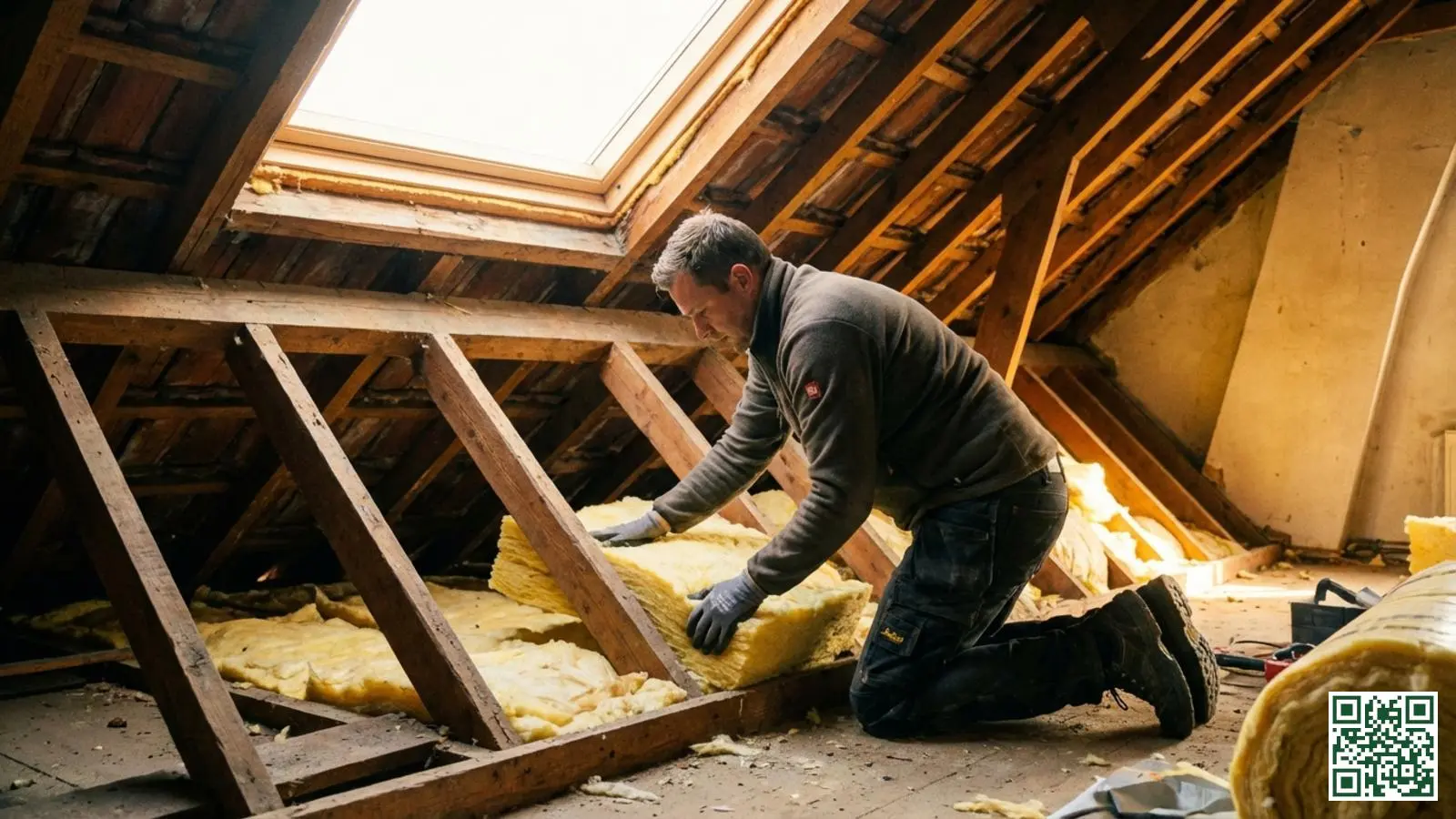 Professionele installateur plaatst glaswol isolatie tussen de houten dakbalken van een Nederlandse zolderruimte