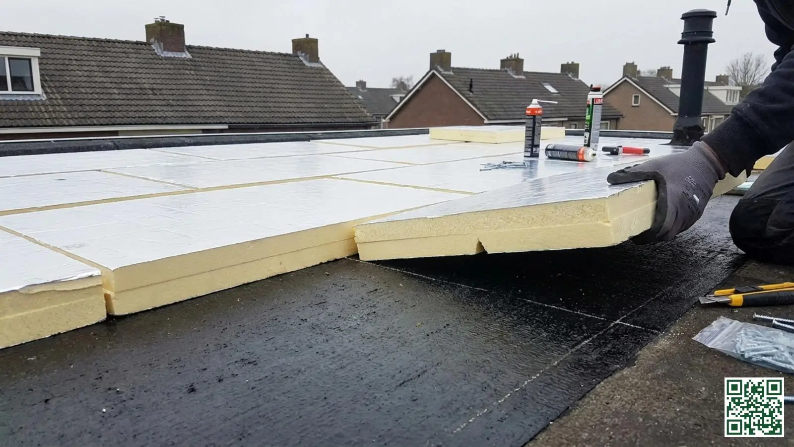 PIR-isolatieplaten worden in verspringend patroon gelegd op een plat dakvlak