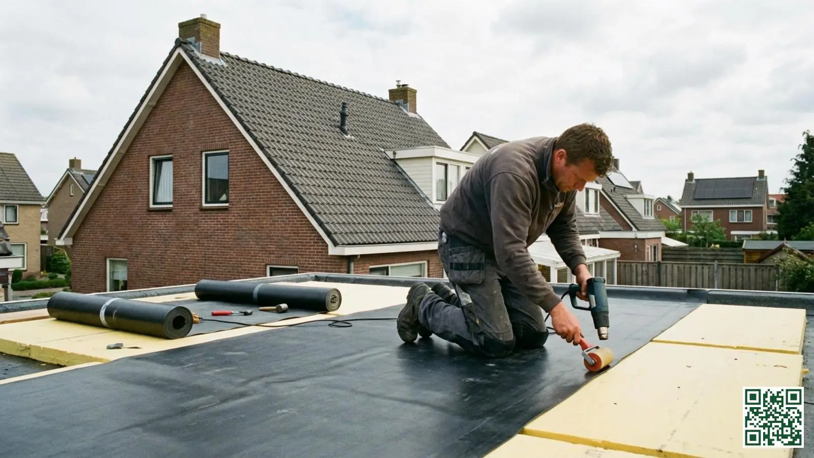 Dakdekker brengt nieuwe waterdichte dakbedekking aan bovenop de isolatielaag van een plat dak