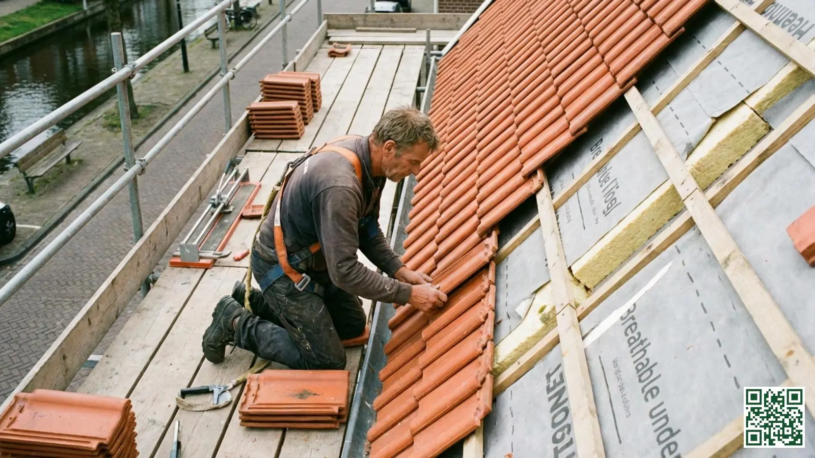 Dakdekker plaatst zorgvuldig de dakpannen terug na het isoleren van het schuine dak met sarking