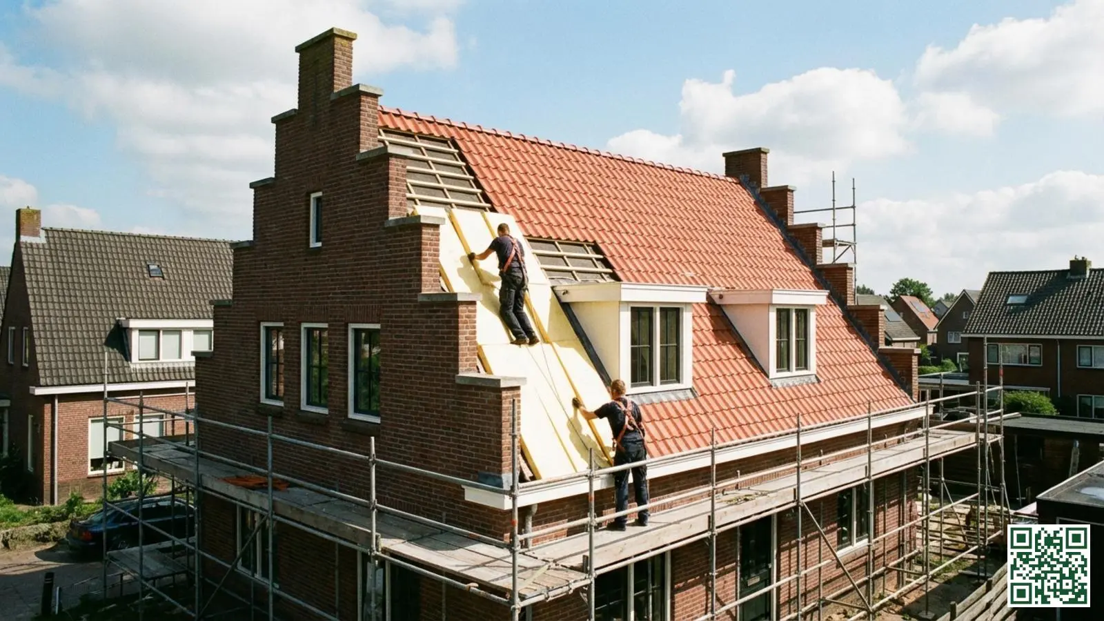 Sarkingproces op een schuin dak waarbij isolatieplaten bovenop de dakconstructie worden geplaatst door vakmensen