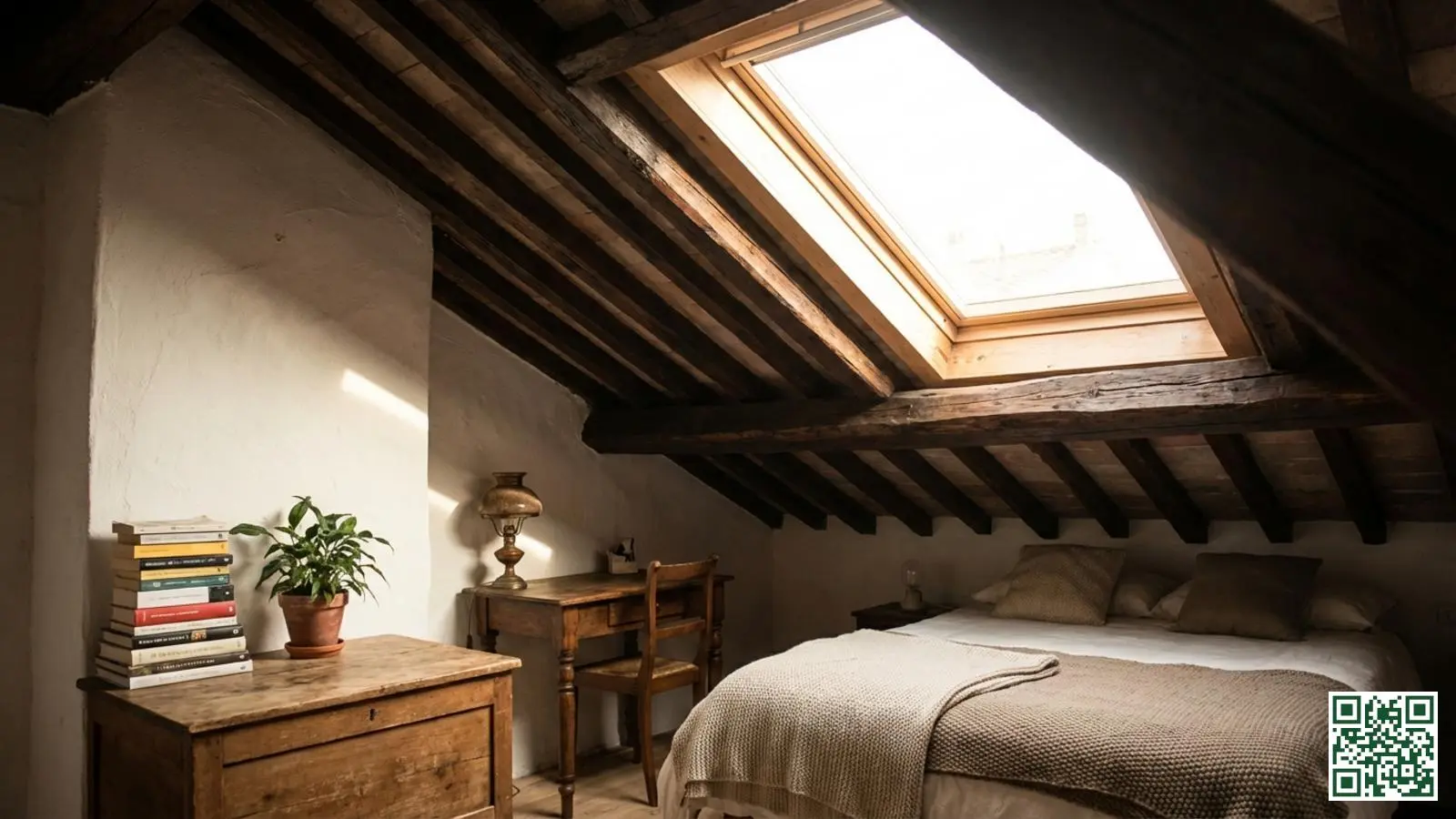 Verbouwde zolder als woonruimte met zichtbare houten dakbalken dankzij buitenisolatie