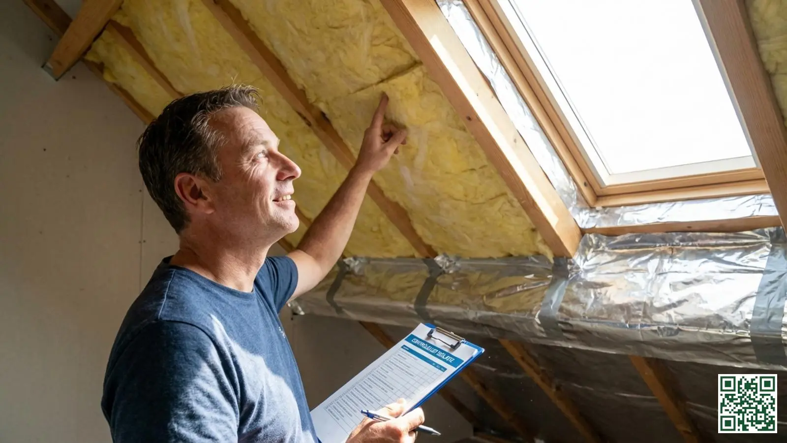 Huiseigenaar inspecteert nieuw geplaatste dakisolatie in zolderruimte met checklist in de hand