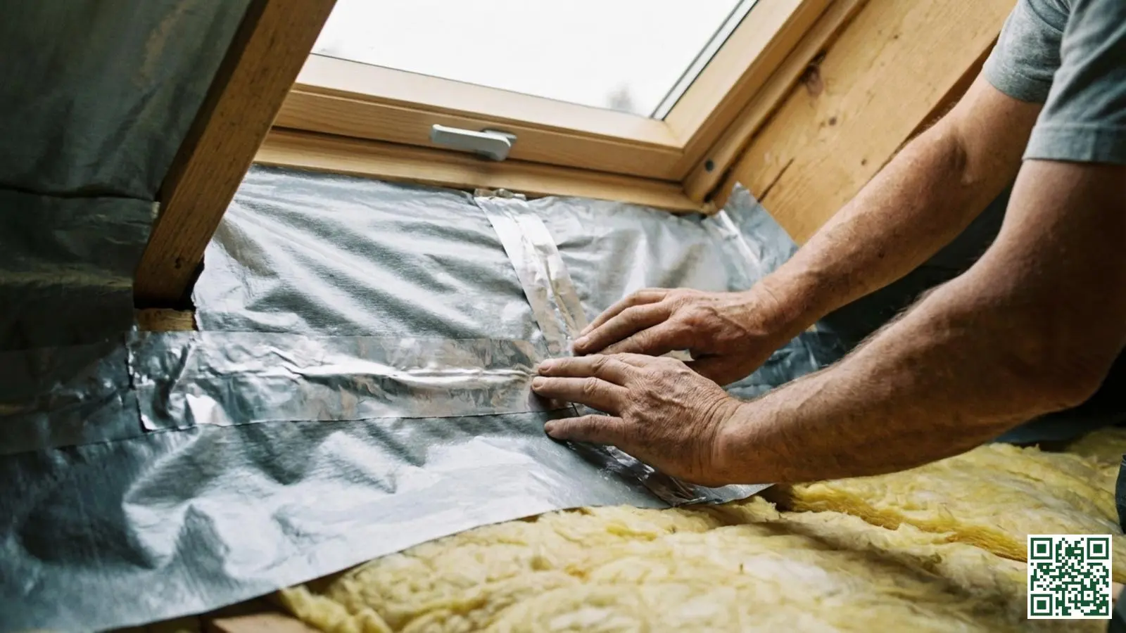 Close-up van handen die de naden en tape van een dampscherm controleren bij dakisolatie