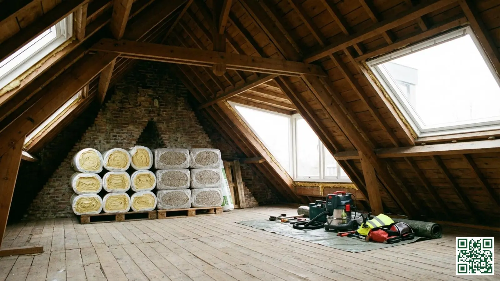 Lege zolderruimte met zichtbare houten dakconstructie wordt voorbereid voor dakisolatie installatie